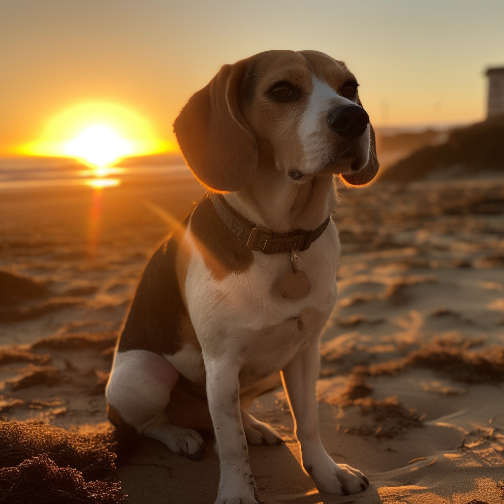 stunning photo of a beagle on a beach during sunset