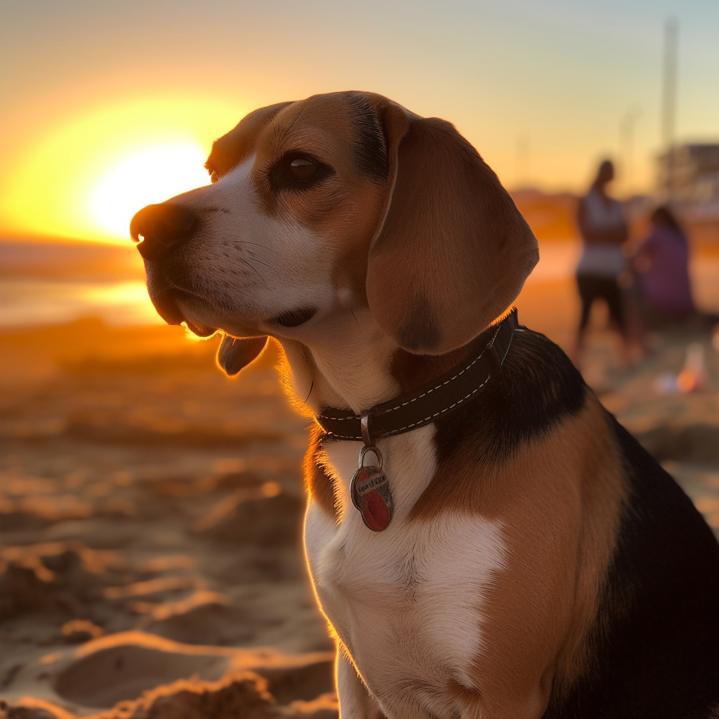stunning beagle photo on the beach at sunset