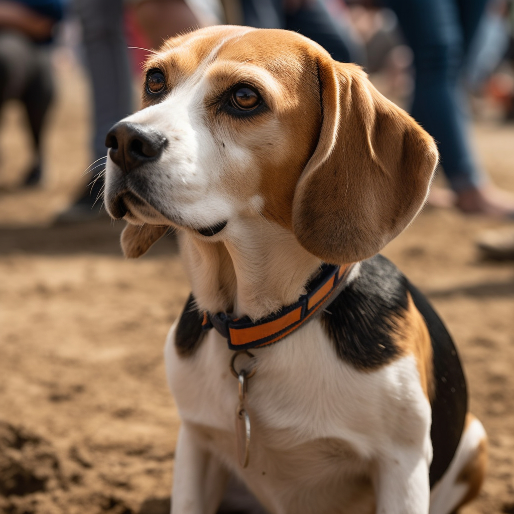 photo of a beagle sitting with a crowd walking nearby
