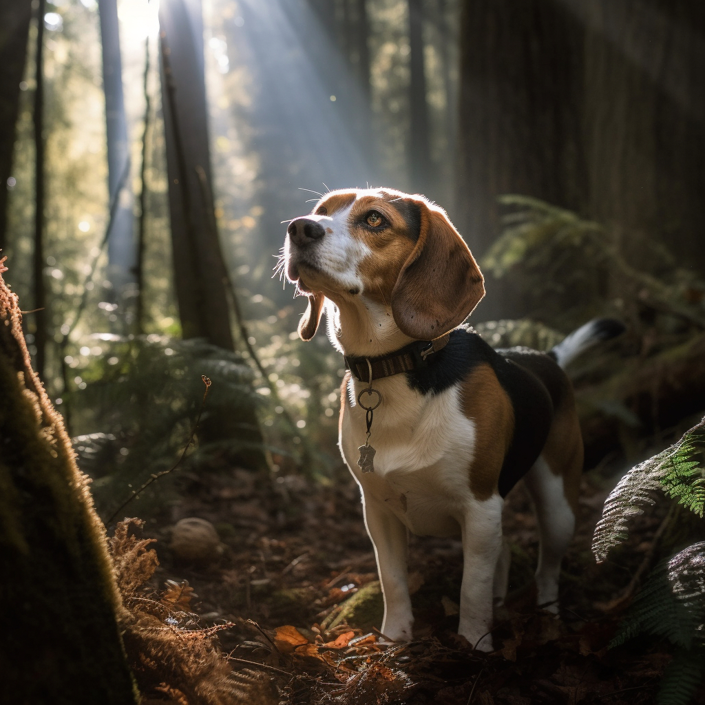 beautiful beagle image art illustrating the dog looking up at the sunlight while walking through the woods