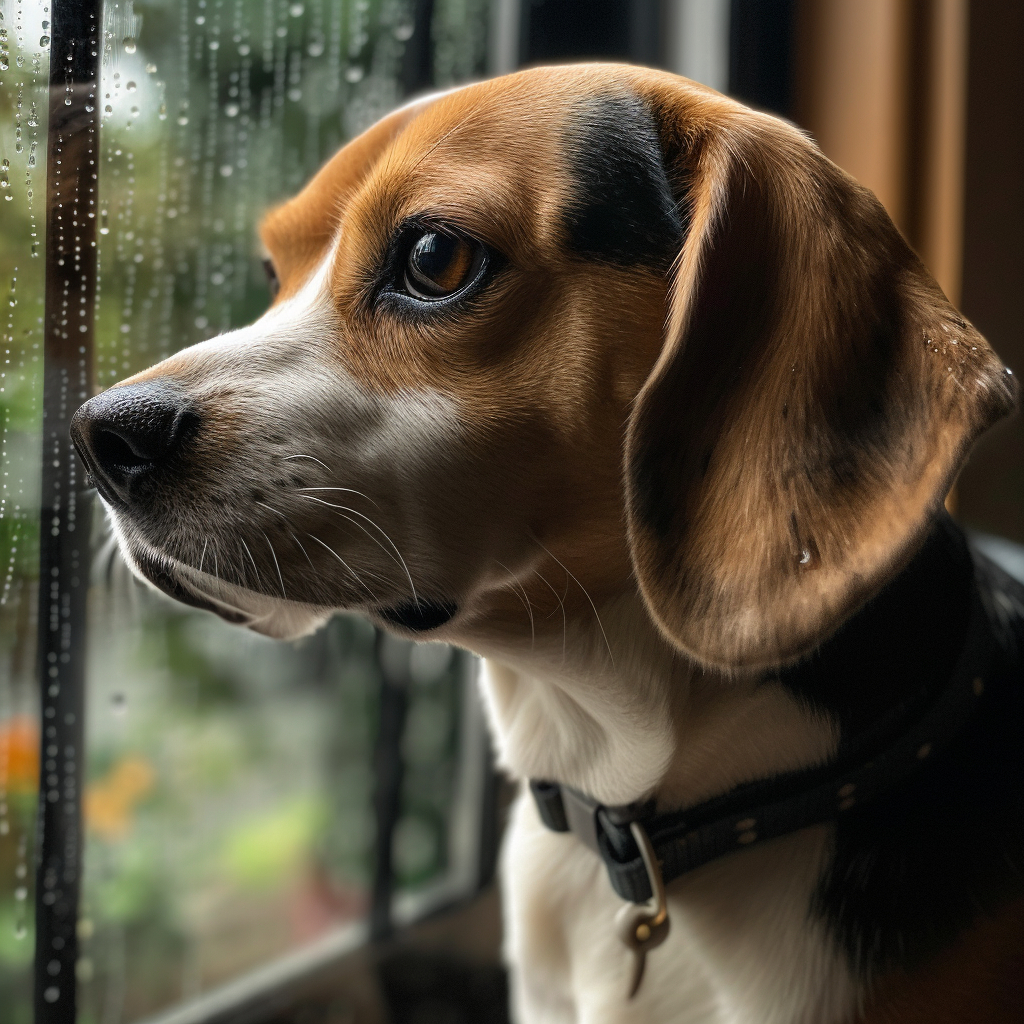 Beagle looking out the window in the rain