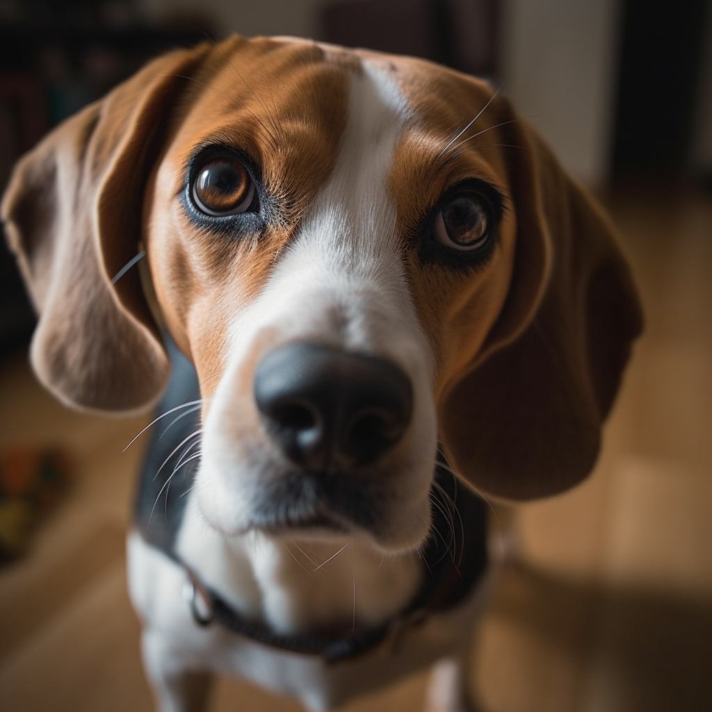 Cute closeup lens of a Beagle in the kitchen