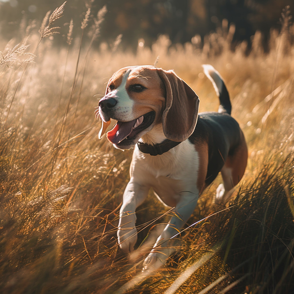 beagle dog running through a field