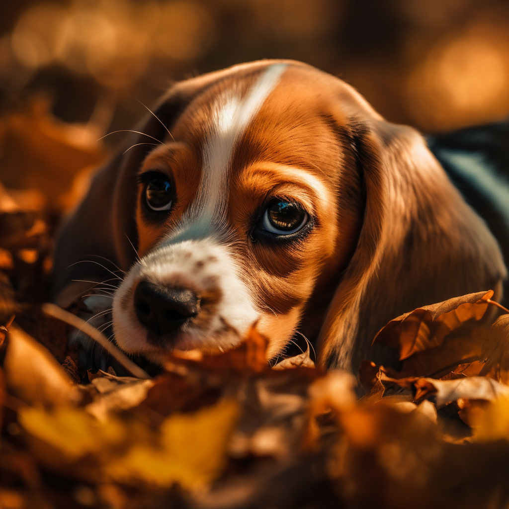 cute beagle puppy laying in the leaves outside