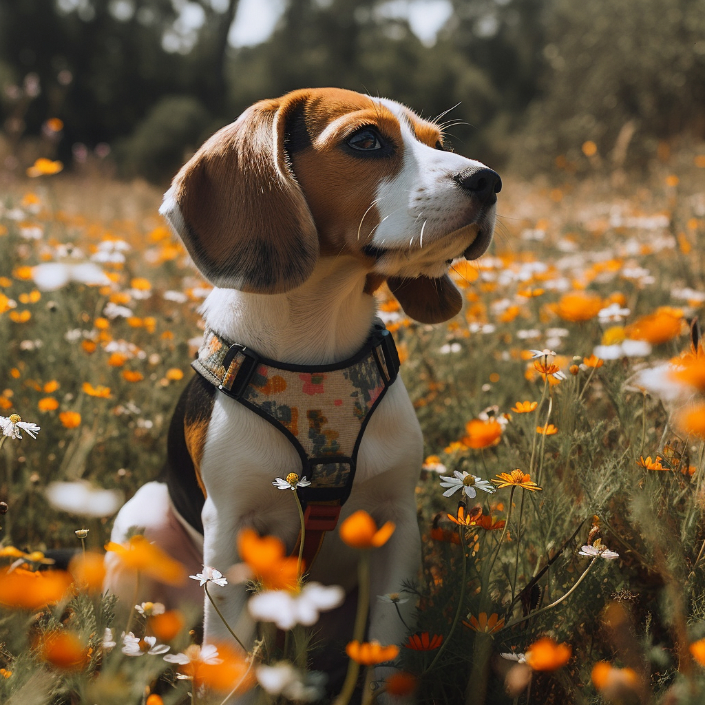 beagle sitting in a field of white and orange flowers with a harness on