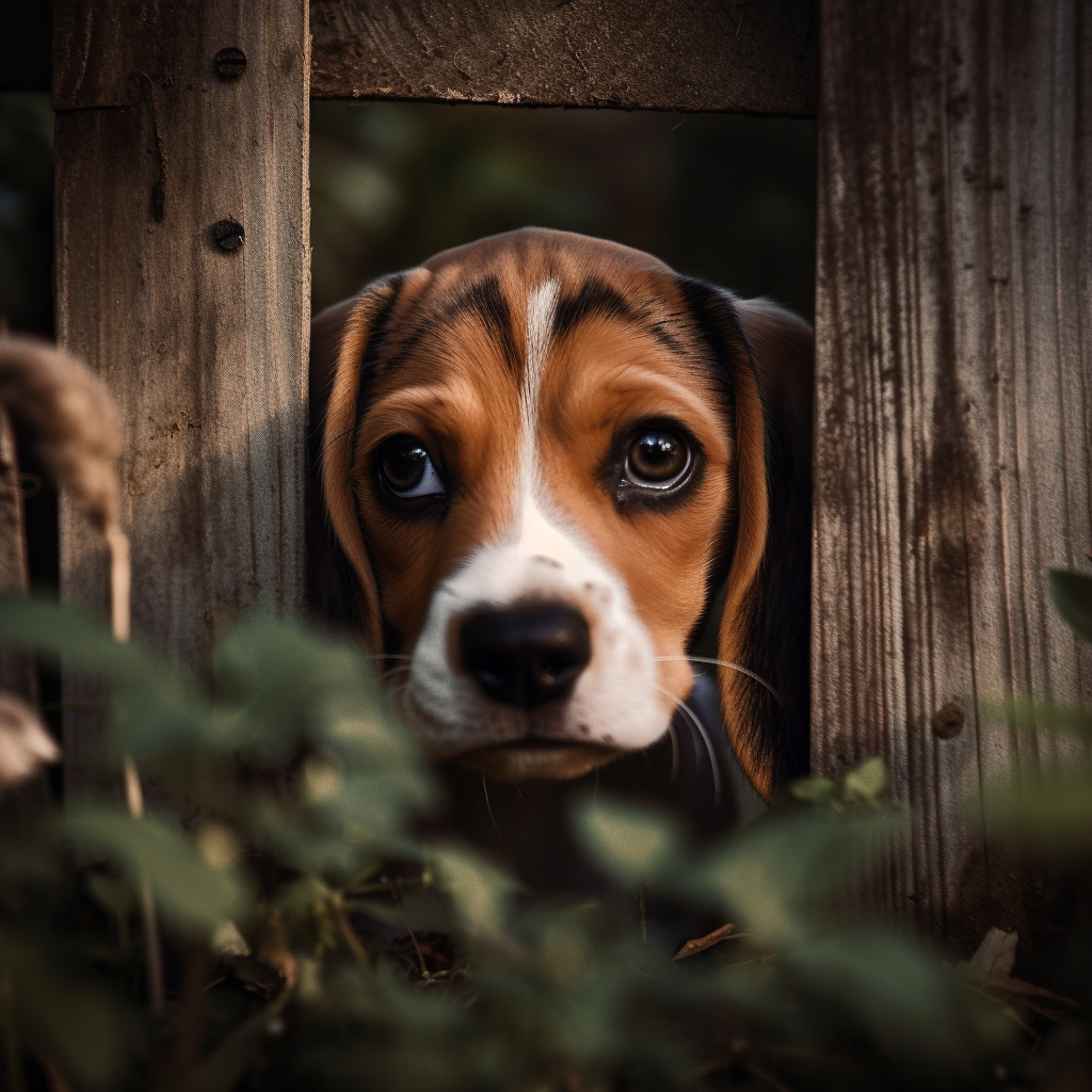 beagle puppy dog peeking out from behind a wooden fence