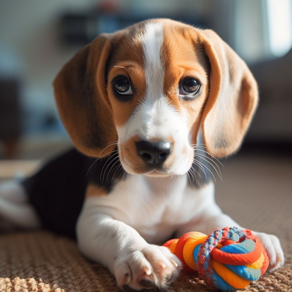 cute beagle puppy playing with a chew toy