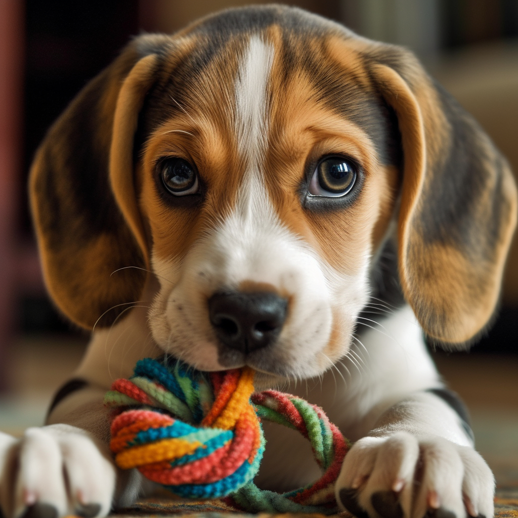 cute beagle puppy photo playing with a chew toy