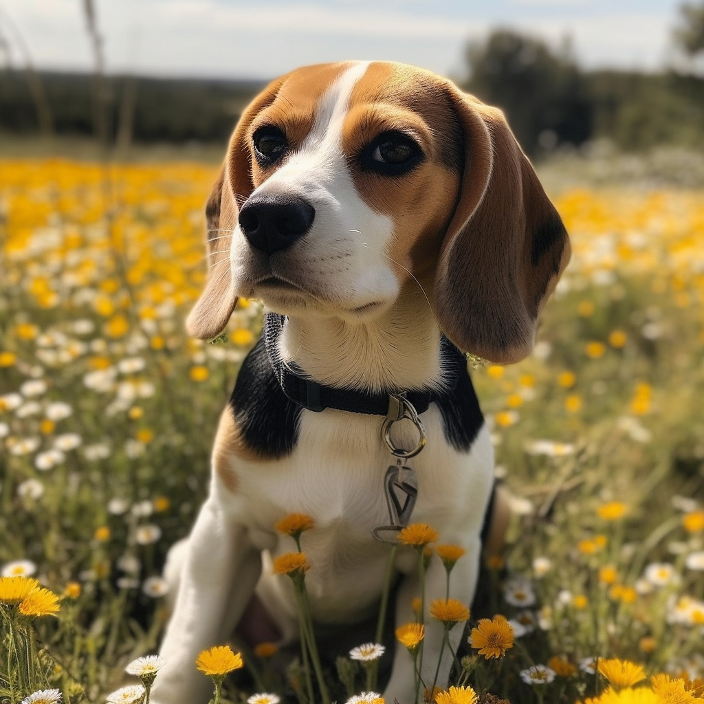 beautiful beagle image in a field of flowers