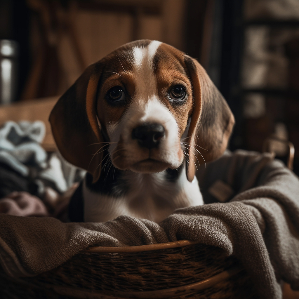 cute beagle pup sitting in a laundry basket