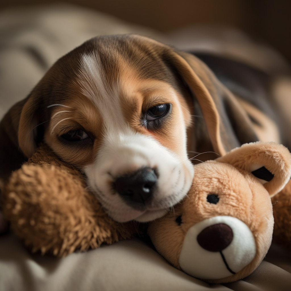 super cute beagle puppy sleeping on a stuff animal