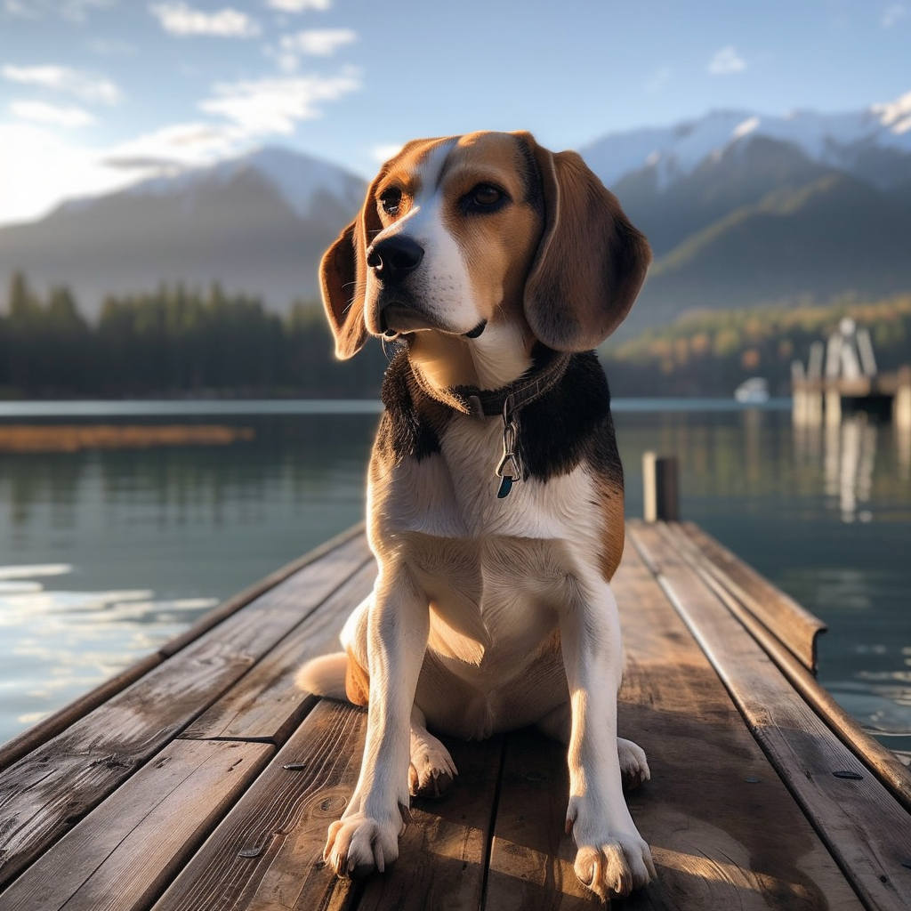 beautiful image of a beagle sitting on a dock overlooking a lake, with a scenic mountain and woods in the background