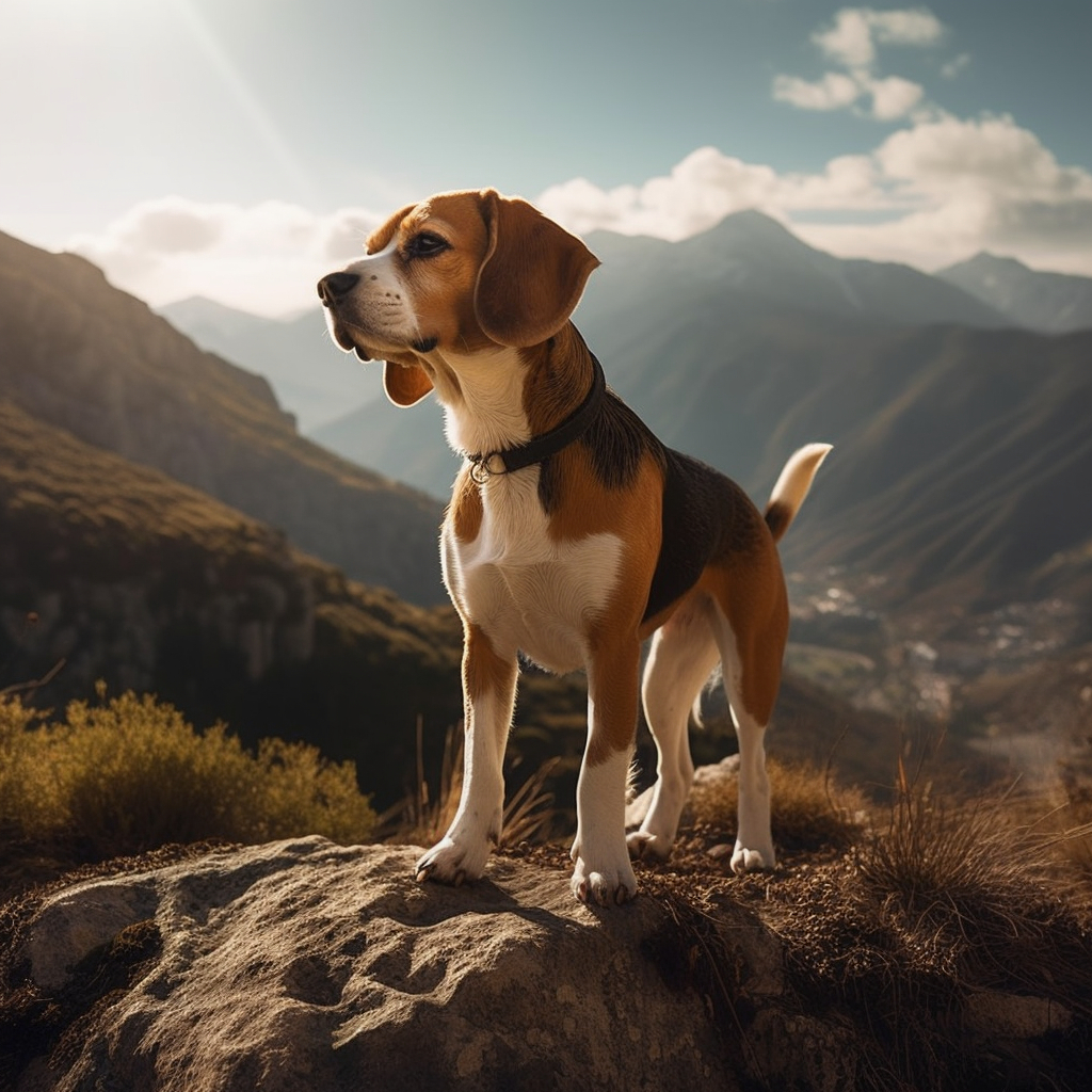 Stunning beagle picture with a scenic mountain background and sunlit sky