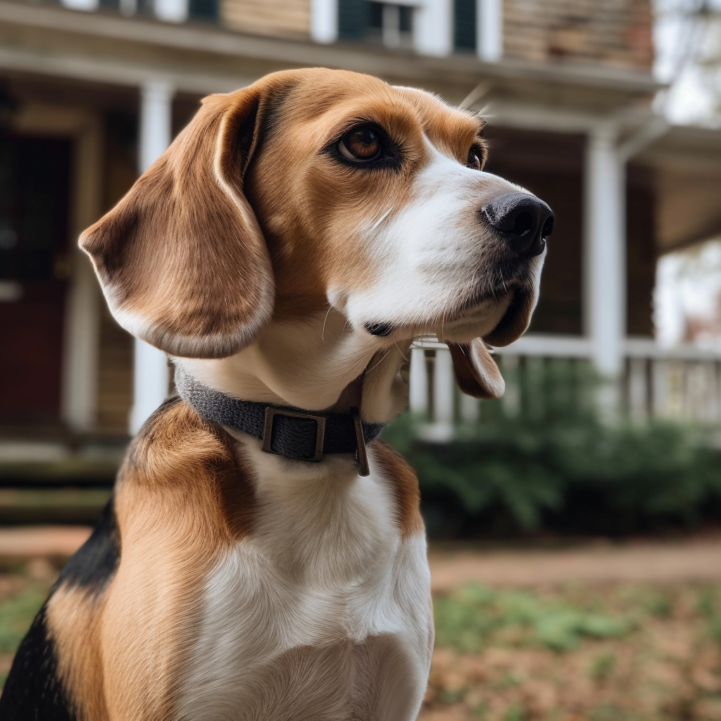 charming image of a beagle sitting in front of a house