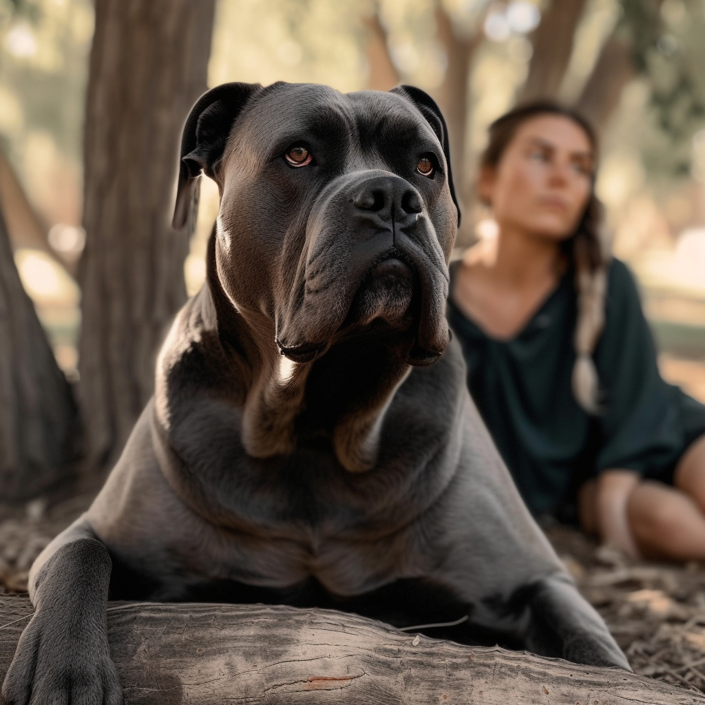 cane corso resting his leg on a log in a park next to his owner