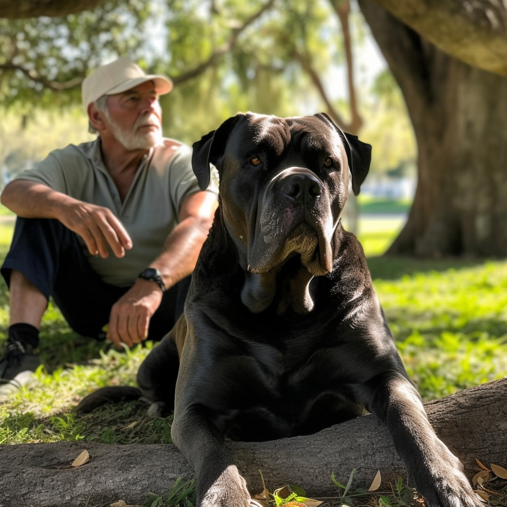 photo of a cane corso sitting in the grass next to his owner