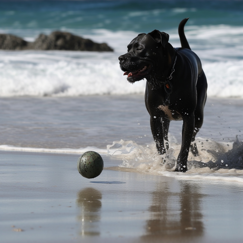 a cane corso picture on the beach chasing a ball with waves splashing
