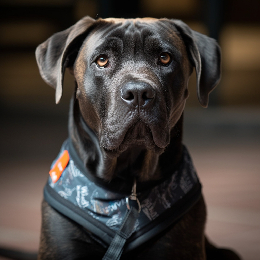 cane corso in a harness posing for a photo