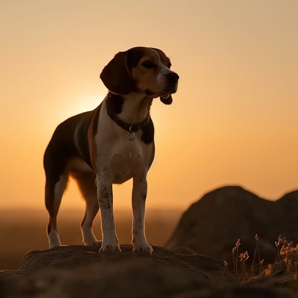 beautiful beagle photo on a hill overlooking a scenic sunset background