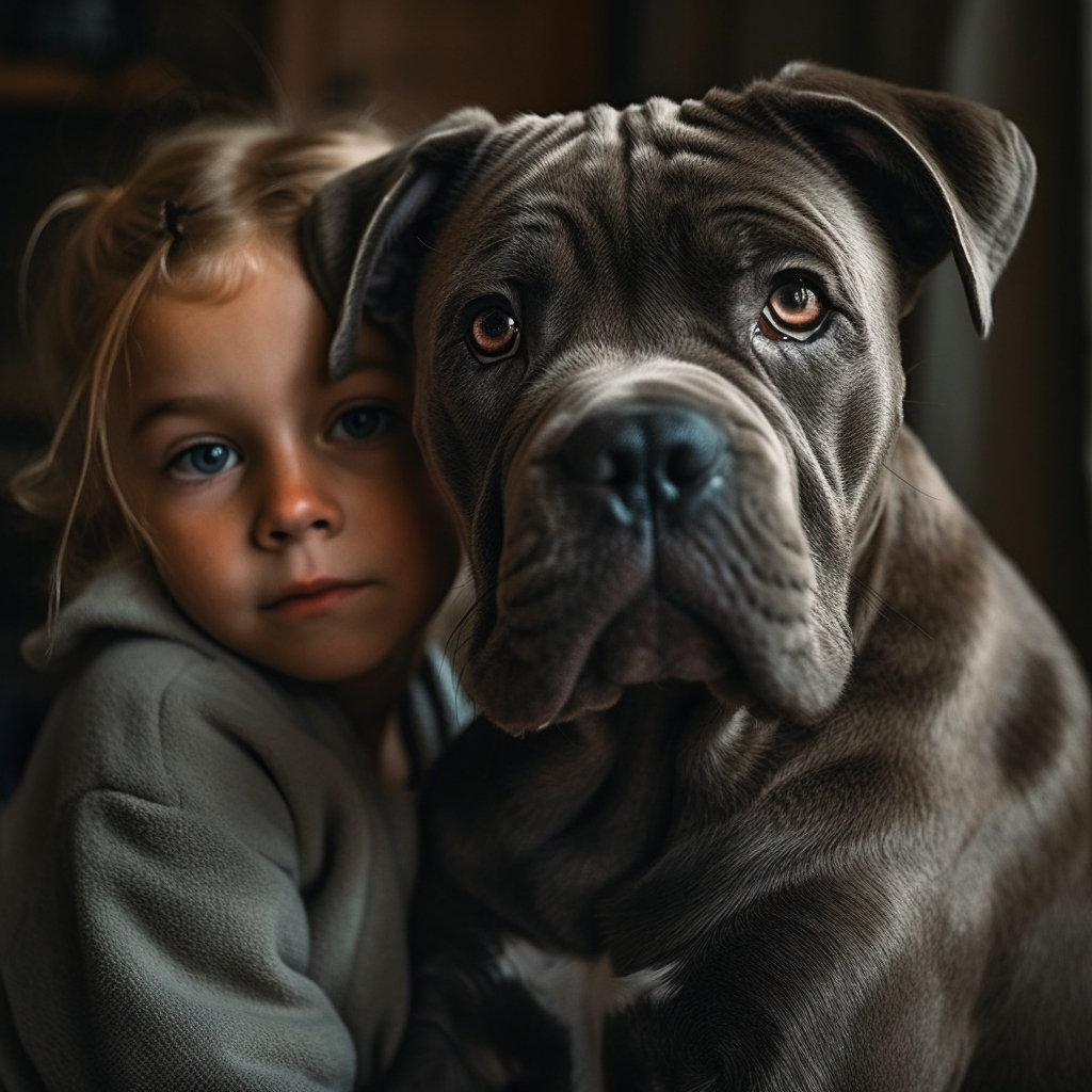 cute illustration of a cane corso puppy with a child