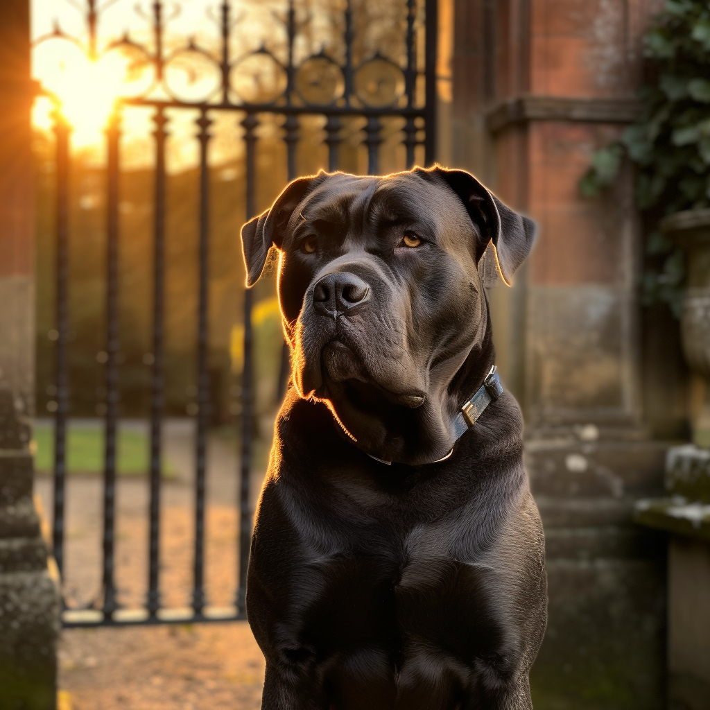 Cane corso dog sitting by the gate