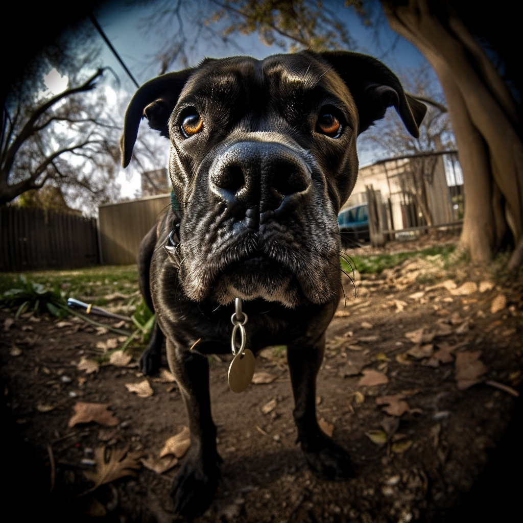 cane corso looking into the camera with a fisheye lens