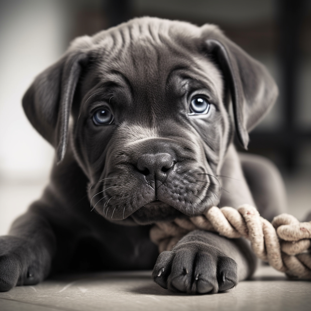 cute pics of a cane corso puppy and a chew toy rope
