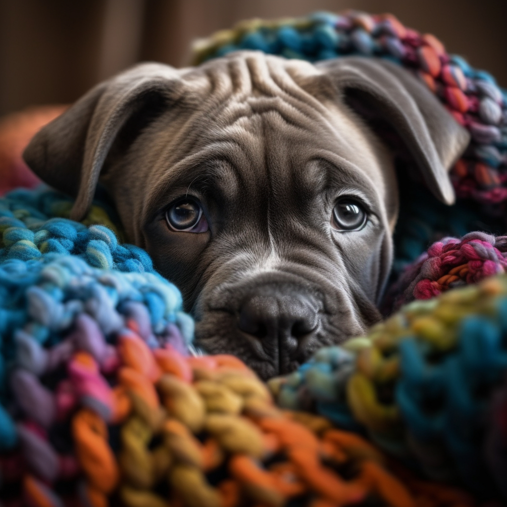 cane corso puppy snuggled in a blanket on the bed