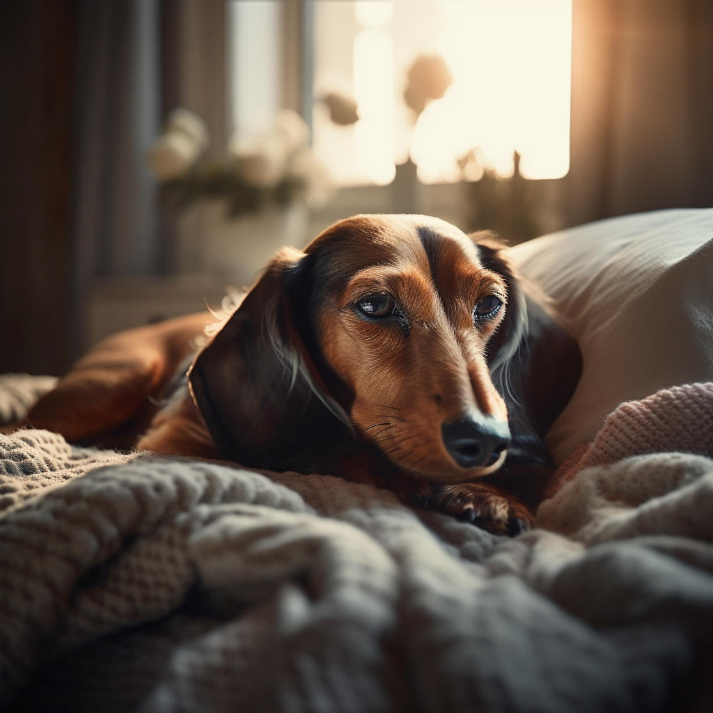 dachshund image of laying in bed snuggled up with a pillow