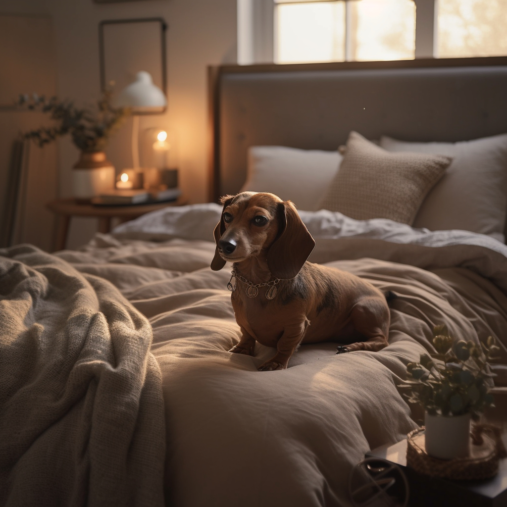 Dachshund pup sitting on the bed