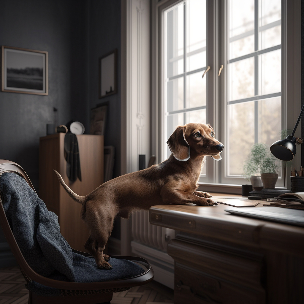picture of a dachshund standing on a chair and a desk looking out of a window