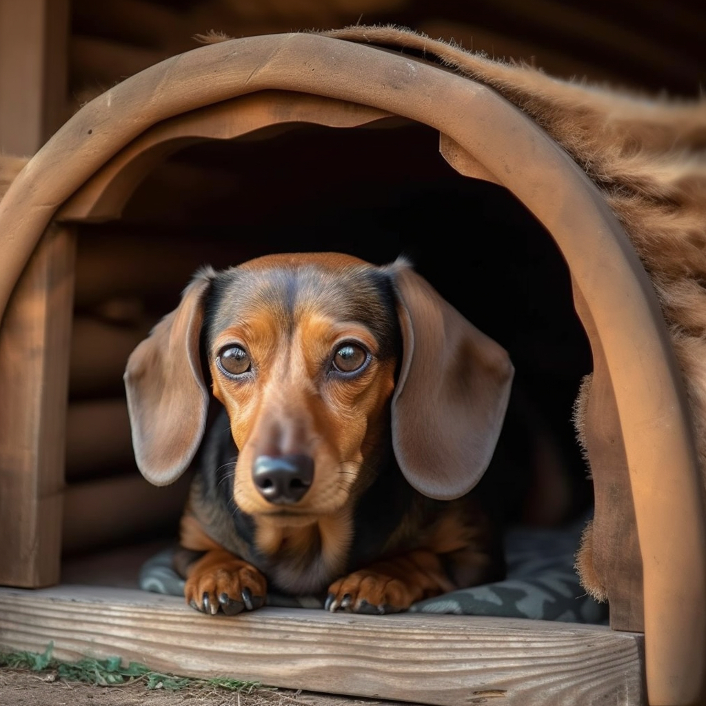 image of a dachshund peeking out from a dog kennel