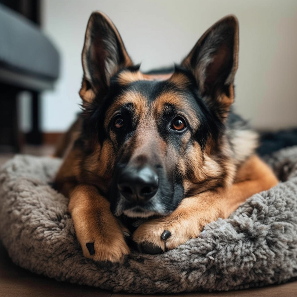 cute german shepherd photo of the dog laying in his dog bed