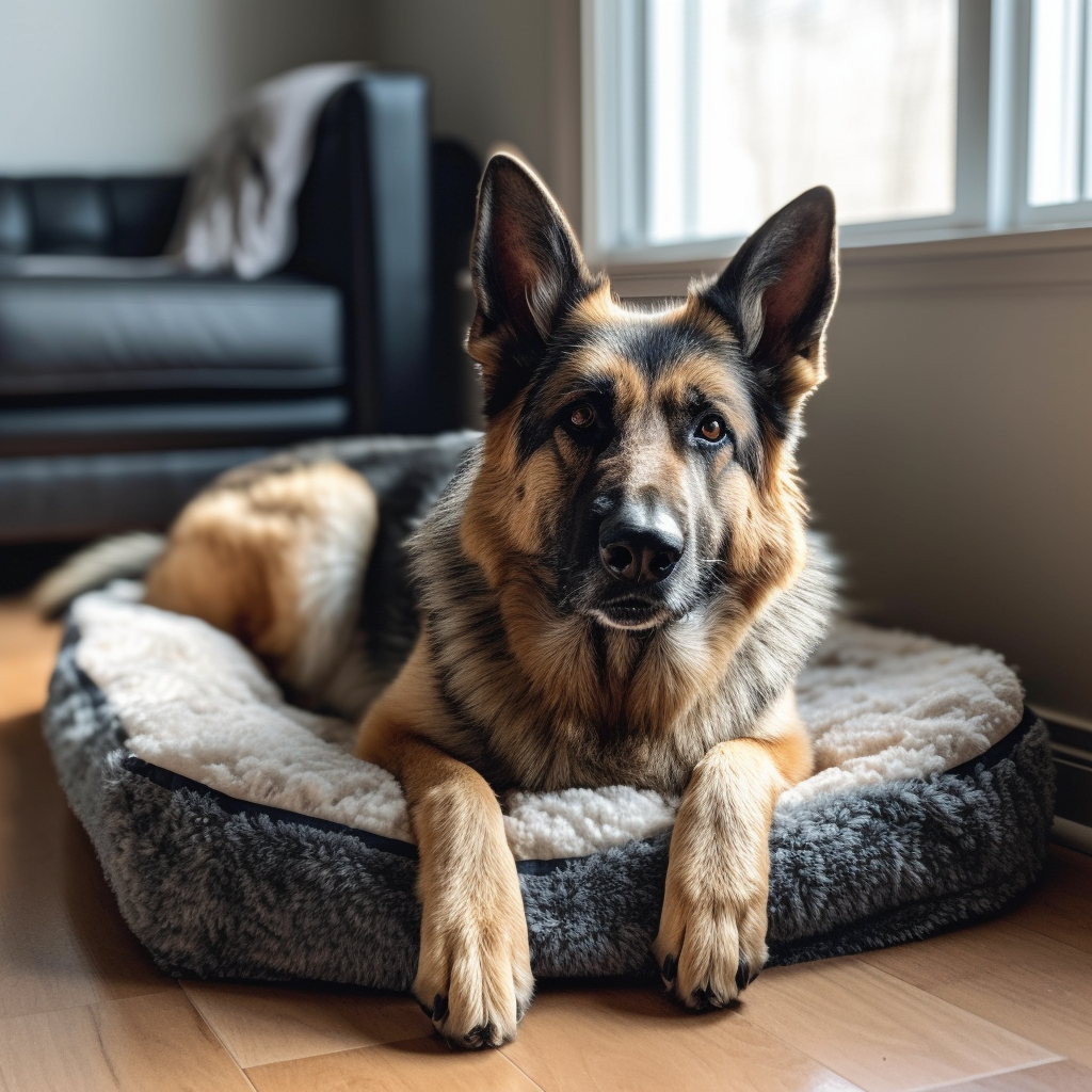picture of a german shepherd laying in a dog bed