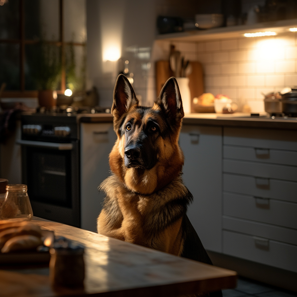 funny german shepherd posing in the kitchen