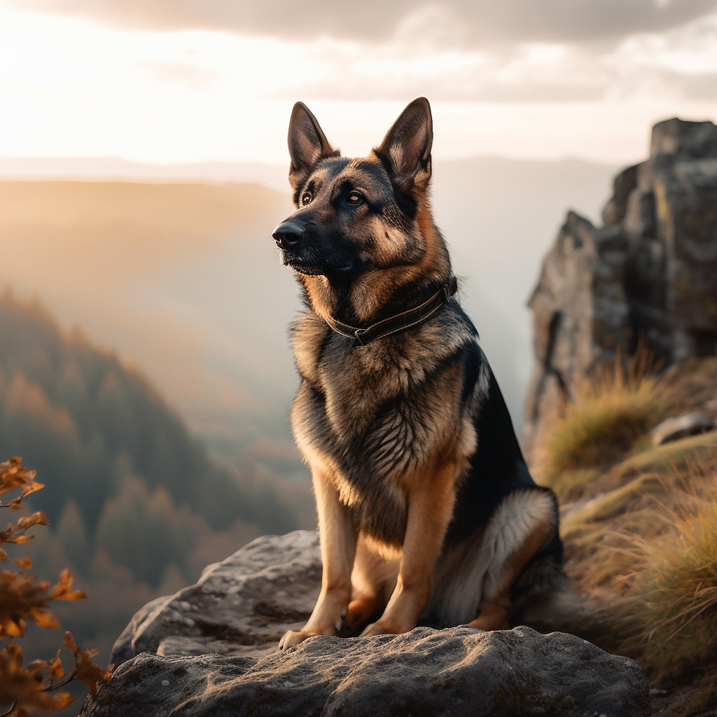 iconic german shepherd pictures on a mountain hike with beautiful landscape