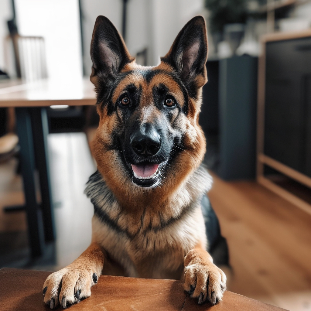 a funny german shepherd dog photo of playing in the kitchen
