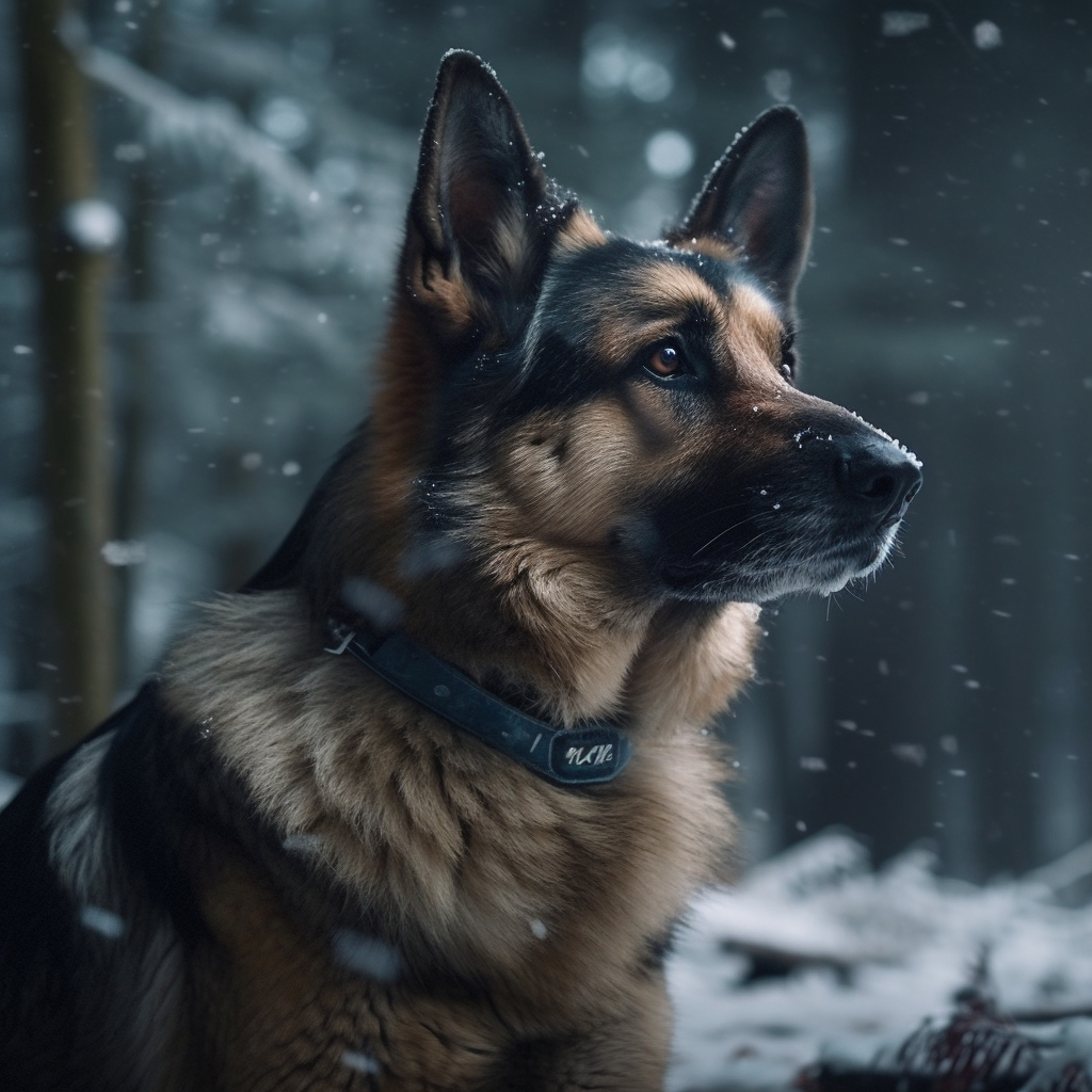 image of a german shepherd in the snow covered woods