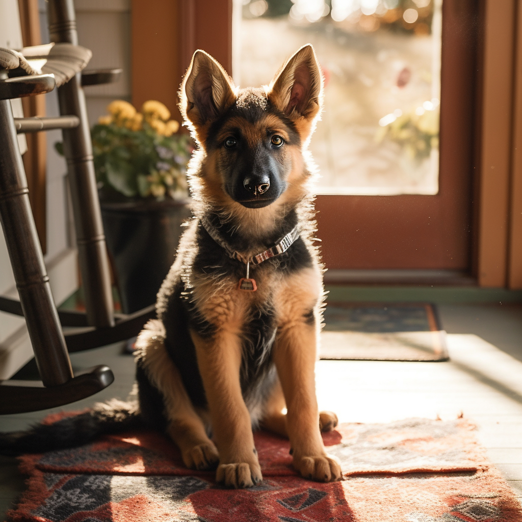 a young german shepherd pup sitting near the porch front door in the sunlight