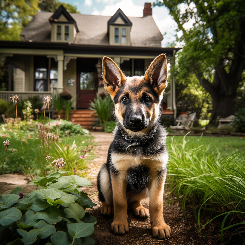 cute german shepherd puppy illustration on the front law with a picture of a house in the background