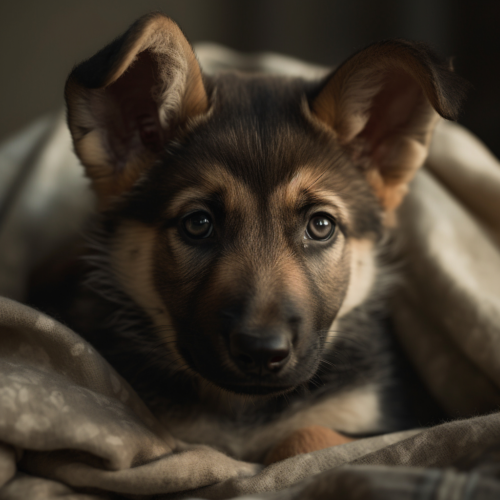 german shepherd puppy wrapped up in a blanket on the bed