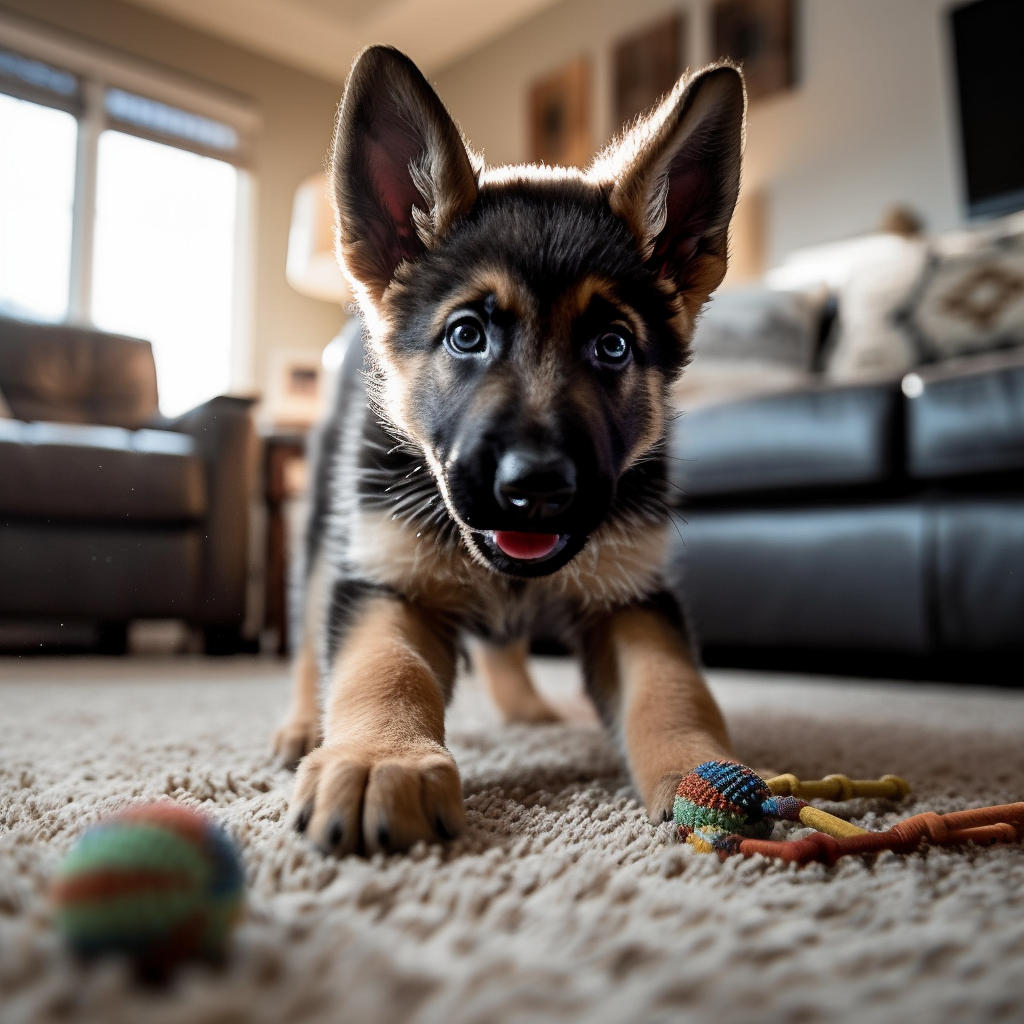 cute german shepherd puppy playing with a ball and toy in the living room
