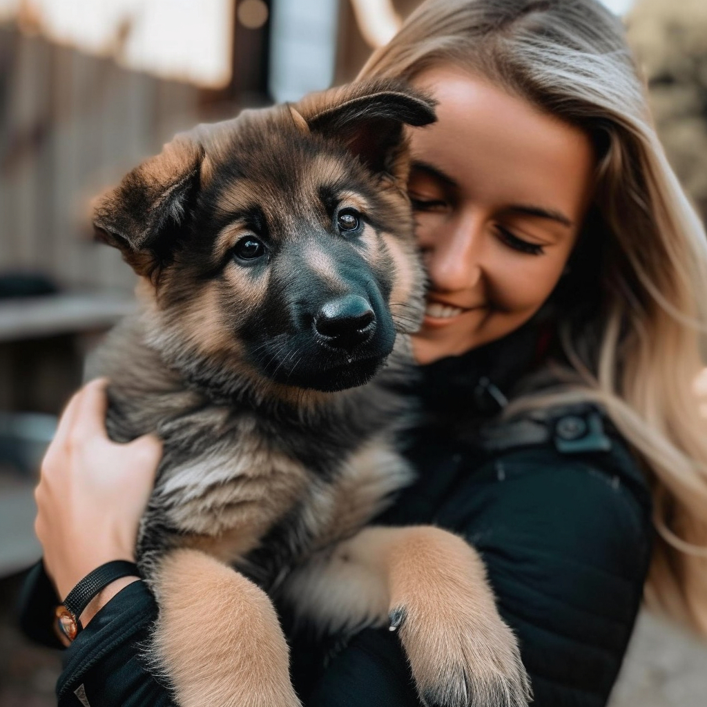 cute german shepherd pup being held in a woman's arms