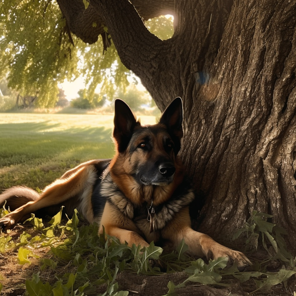 beautiful german shepherd laying by a tree in the back yard with green grass