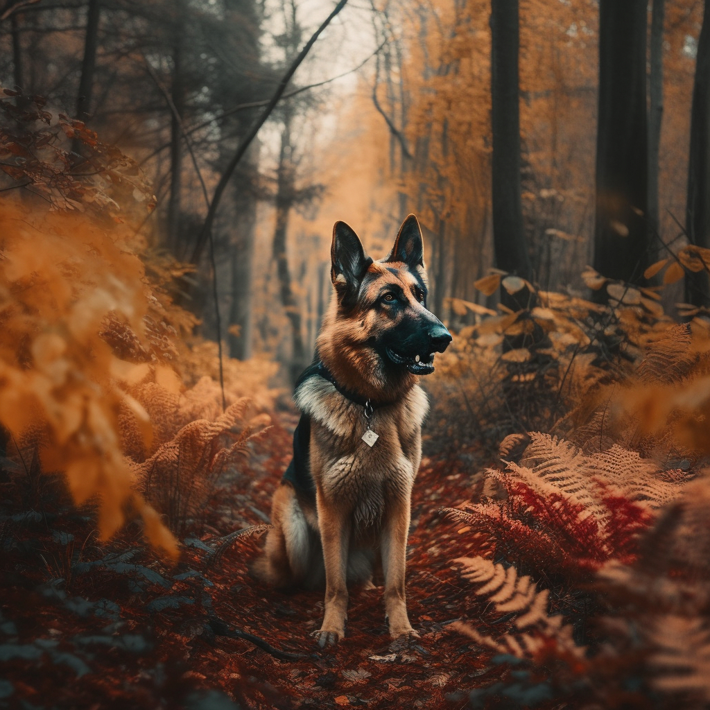 beautiful image of a german shepherd in the woods
