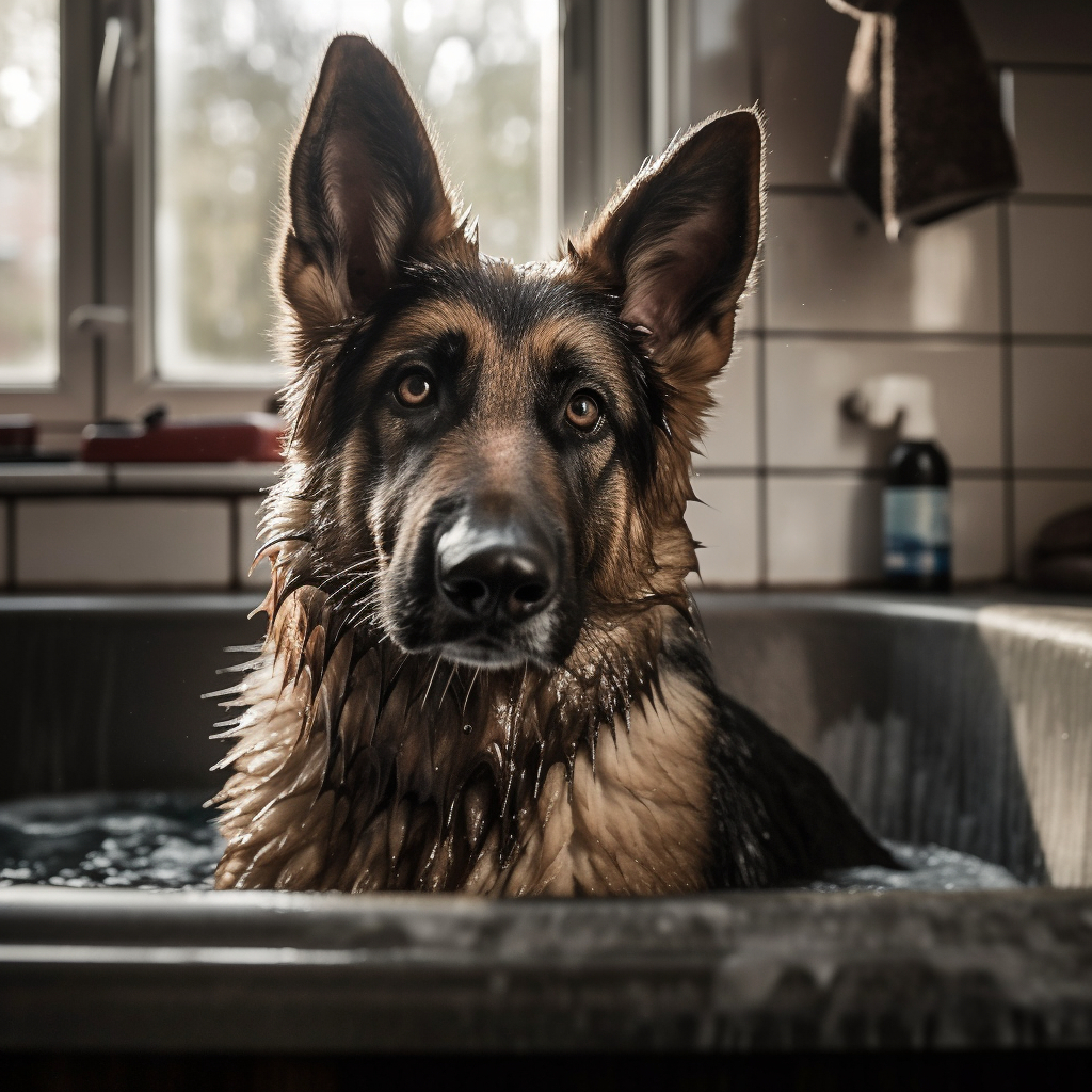 funny german shepherd image taking a bath and soaking wet