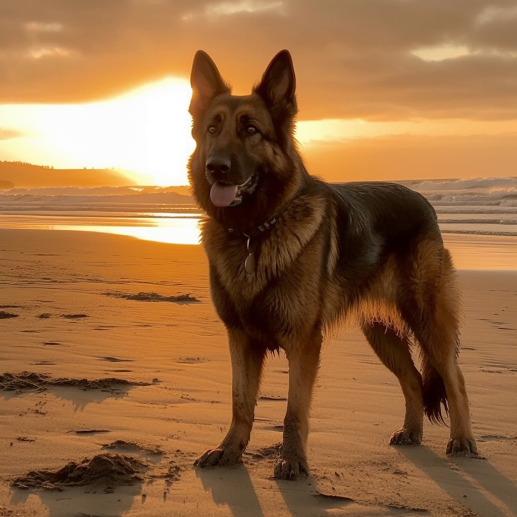 stunning sunset picture of a german shepherd on the beach