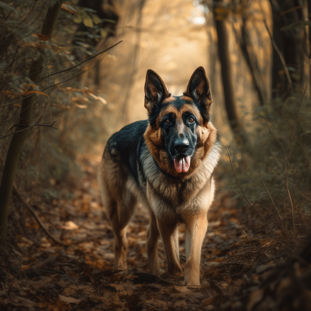charming german shepherd taking a walk through trees and leaves in the woods