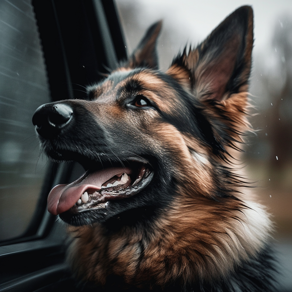 german shepherd illustration looking out a car window while going for a drive