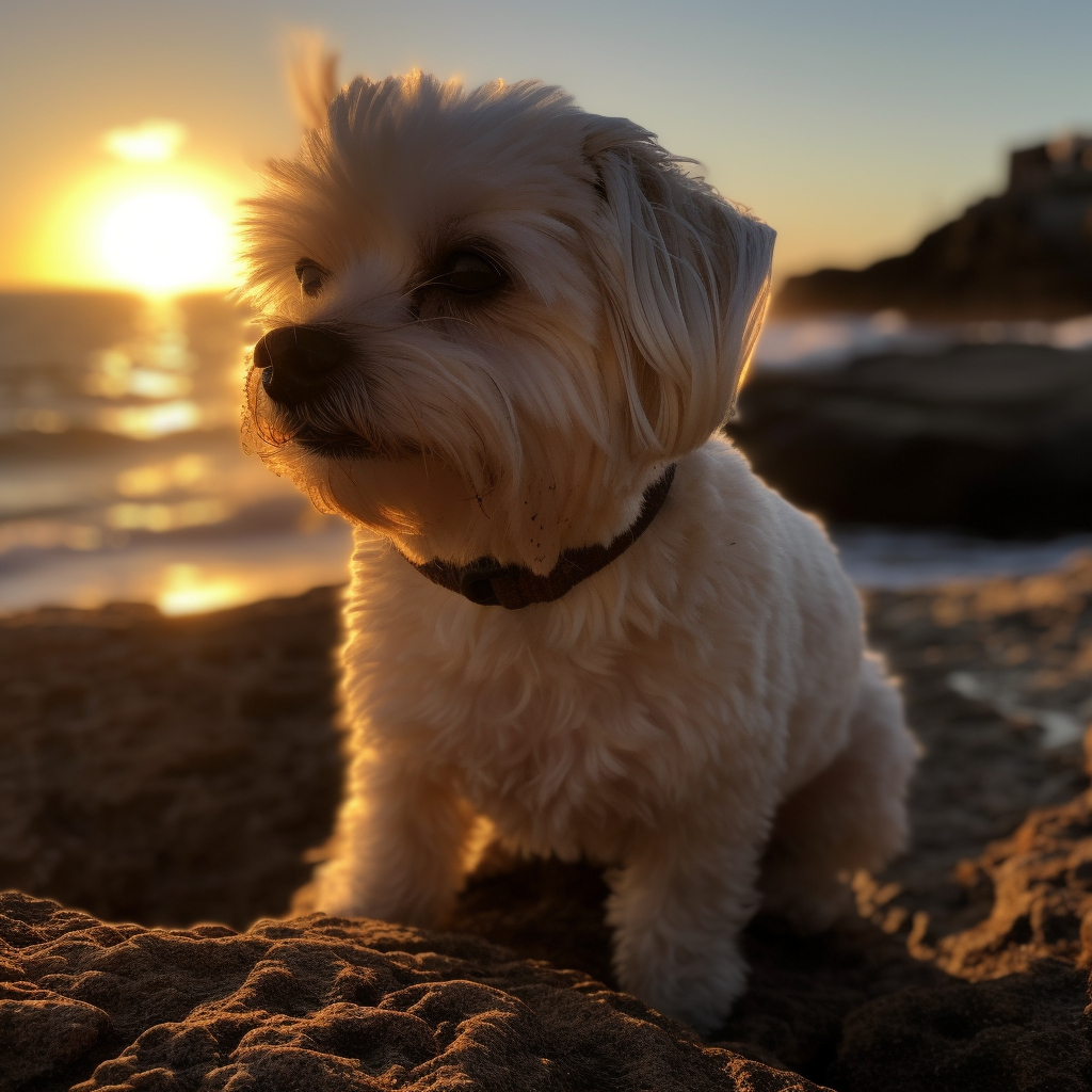 adorable maltese dog playing on the beach during sunset